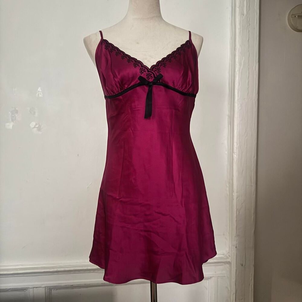 Vintage 100% Silk La Senza Burgundy Mini Embroidered Slip Dress with Ribbon Bow